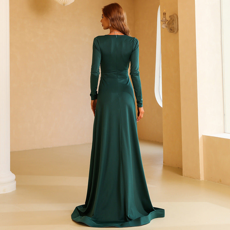 Lengthened Retro French Slimming Chinese Slim Fit Long Simple Green Split Evening Dress Prom Stylish Gown