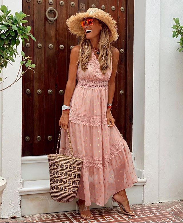 Starlit Peplum Lace Maxi Dress Peach