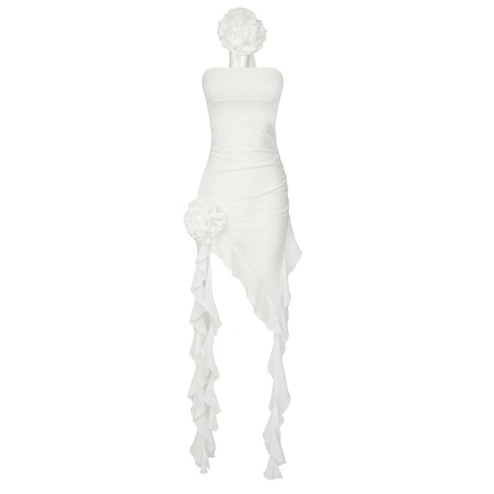 White Net Yarn Bloom Ribbon Strapless Dress Blue Chiffon Dress