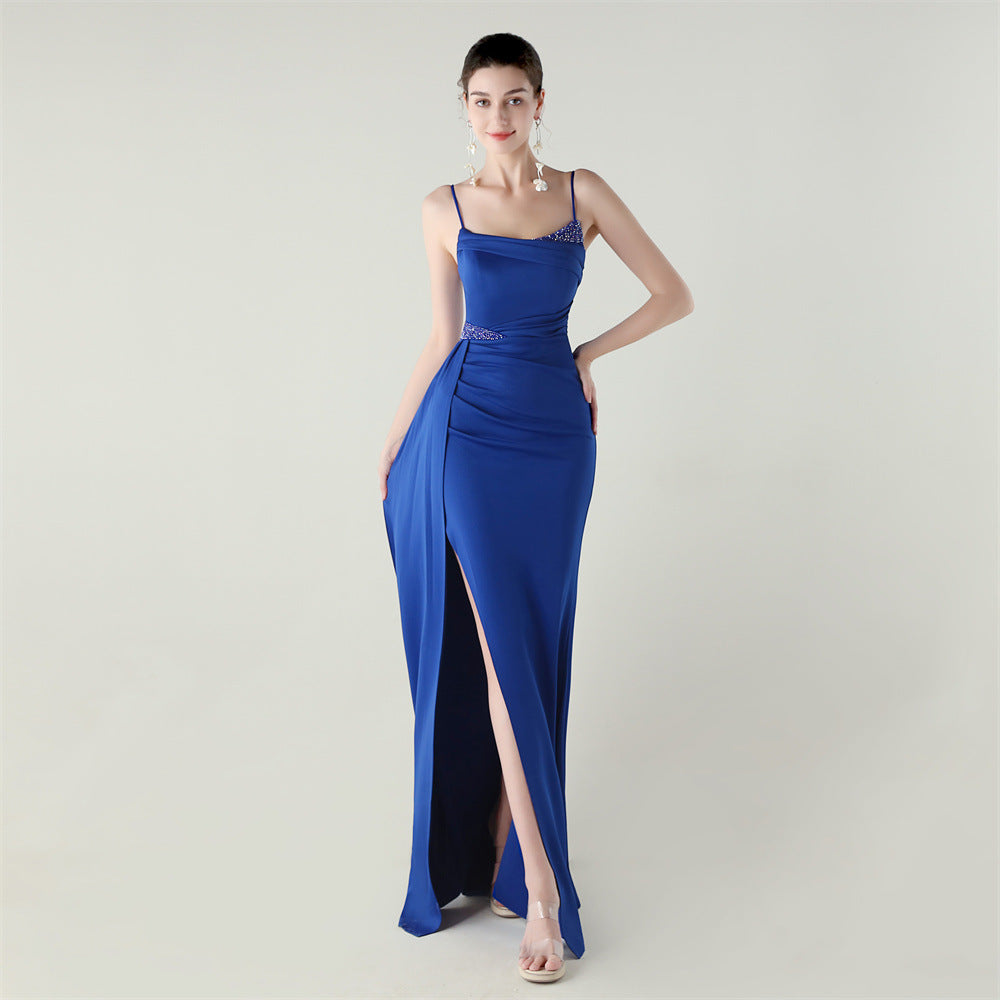 Bandeau Sling Satin Beaded Fishtail Evening Dress Dinner Wedding Dignified Sexy Graceful Dress
