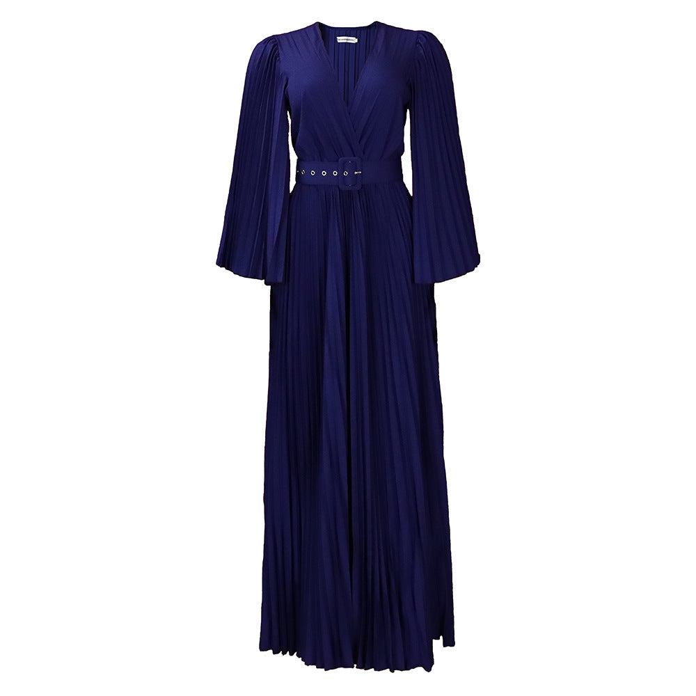 Women Clothing V neck Attractive Pleated Formal Swing Dress Maxi Dress
