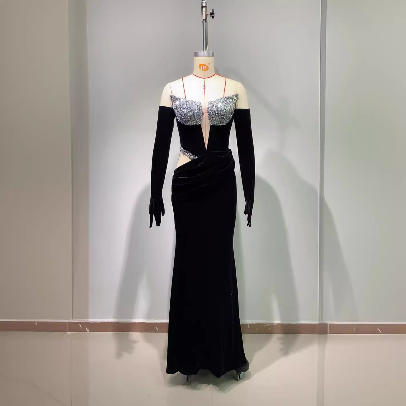 Black Tube Top with Diamond Dress Chic V neck Side Cropped Outfit Maxi Dress Party Red Carpet Dress