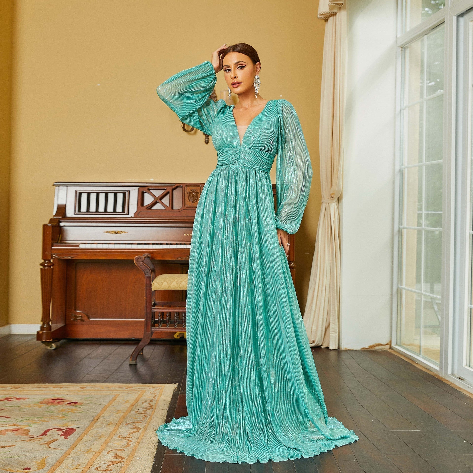 Long Sleeve Refined V Neck Long Bohemian Large Swing Evening Dress Bridesmaid Dress