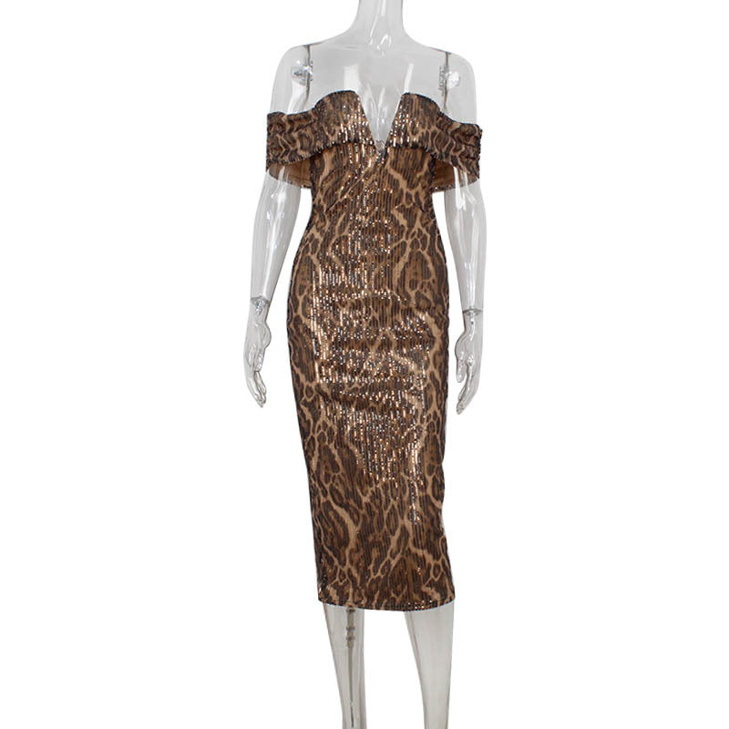 Print Leopard Printed off Shoulder Tube Top V neck Slim Fit Sheath Red Blanket Dress