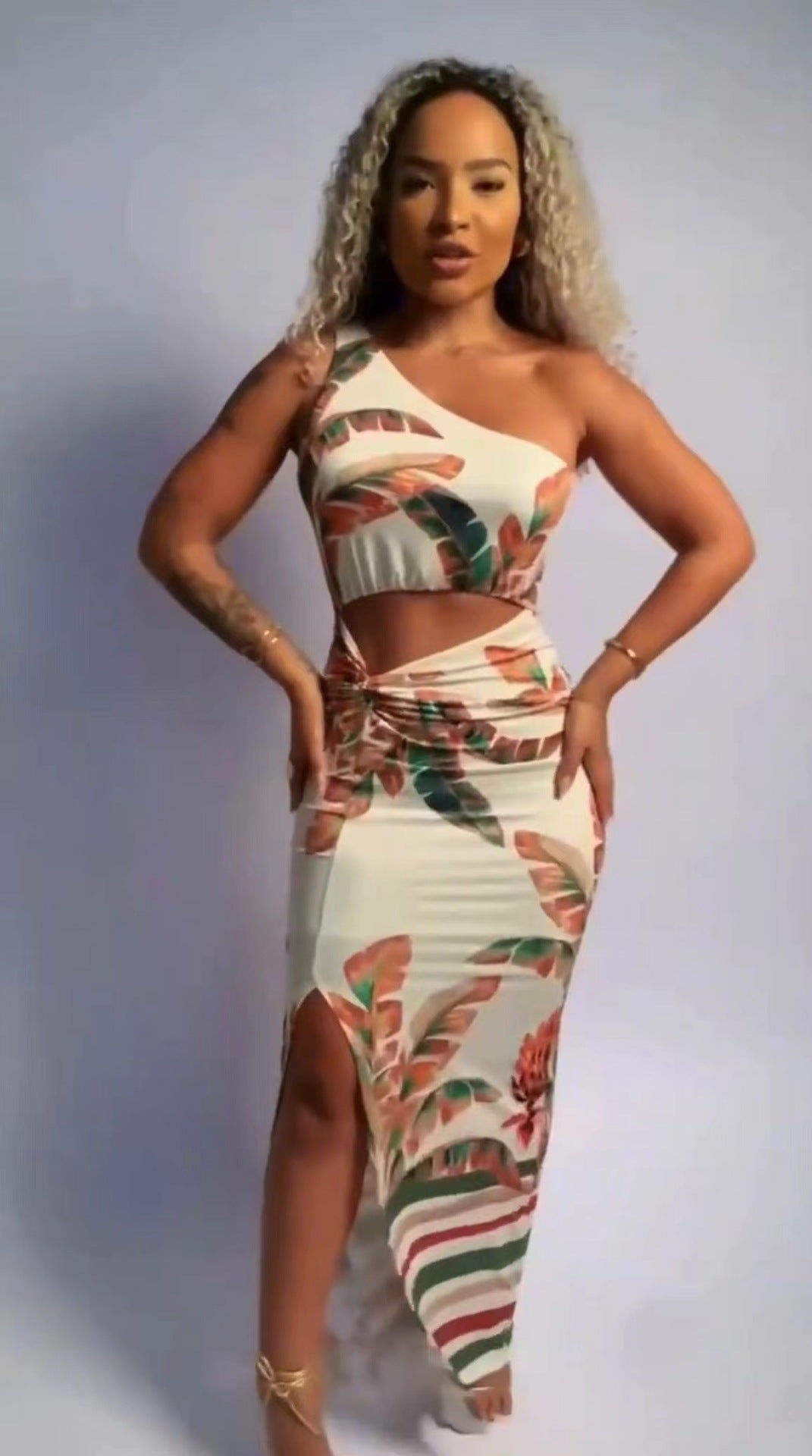 Sleeveless Shoulder Hollow Out Cutout Slit Dress