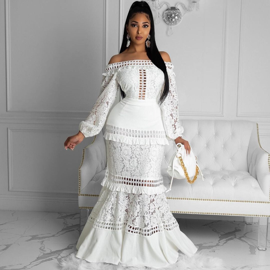 Spring Summer Women Clothing Lace Dress Open Shoulder Lotus Leaf Wedding Party Cocktail Dress