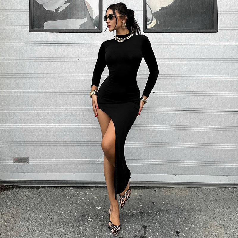 Slim Arrival Long Sleeve Back Hollow Out Cutout out High Slit Dress