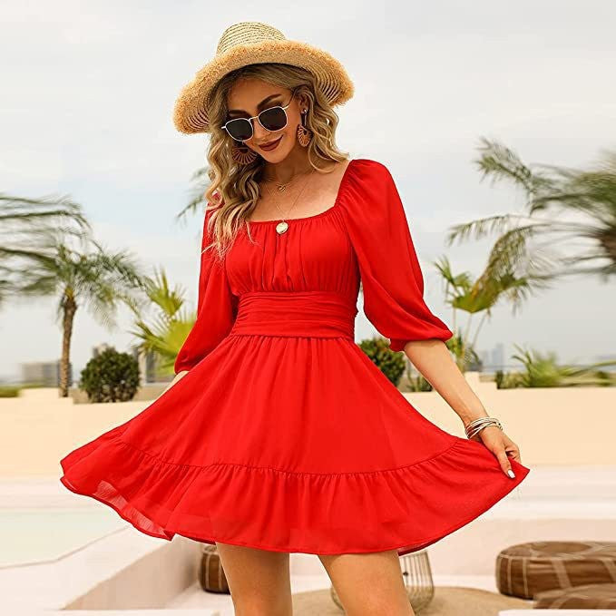 Gathered Blythe Puff Sleeve Dress Red