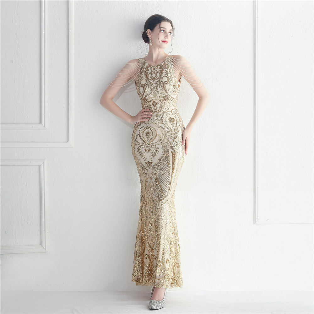Craft Beaded Positioning Bloom Sequin Star Wedding Prom Maxi Dress