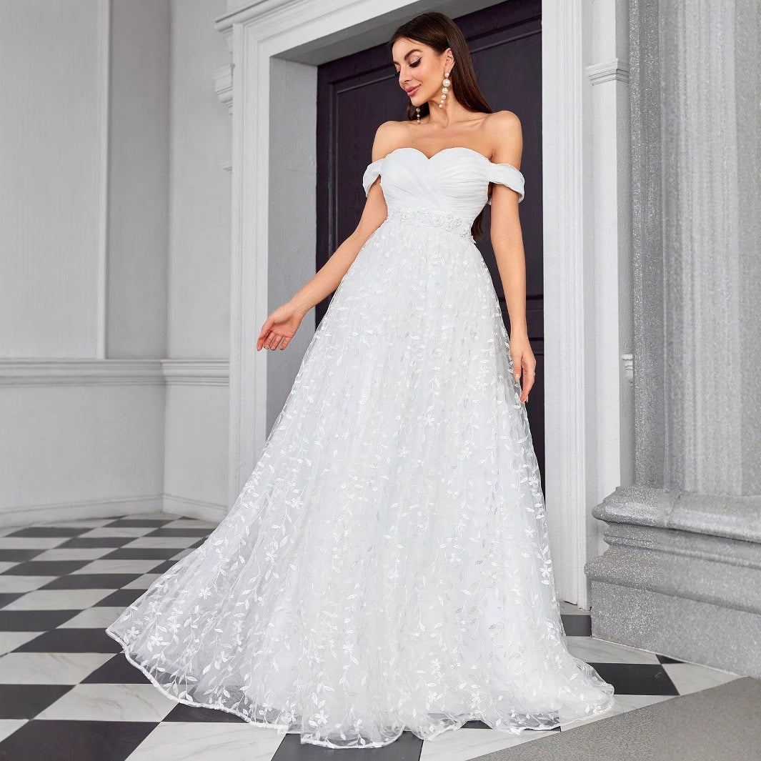 Off Shoulder Evening Dress Refined Graceful Simple Dress Outdoor Travel Photography Light Wedding Dress