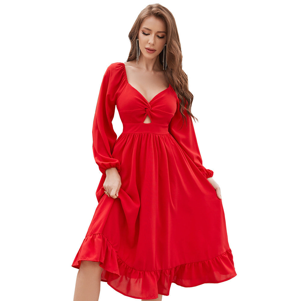 Chiffon Sweet Hollow Out Cutout out Midi Dress