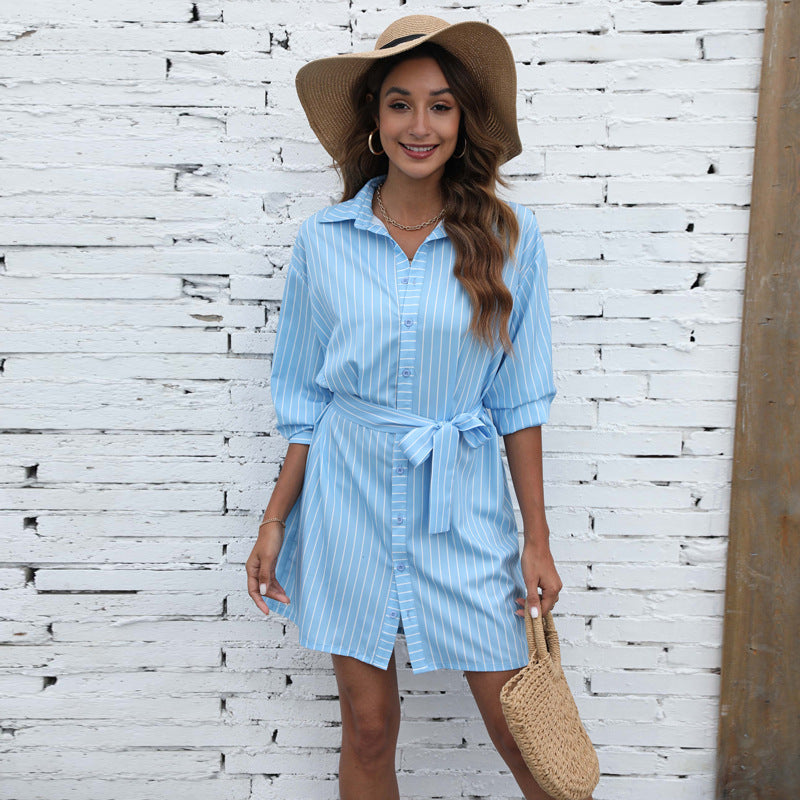 Satin Kye Striped Button Down Tie Dress