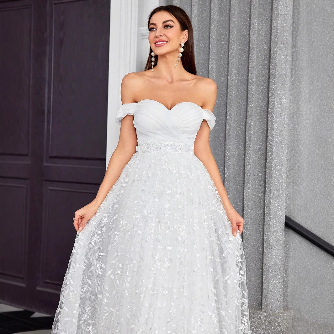 Off Shoulder Evening Dress Refined Graceful Simple Dress Outdoor Travel Photography Light Wedding Dress