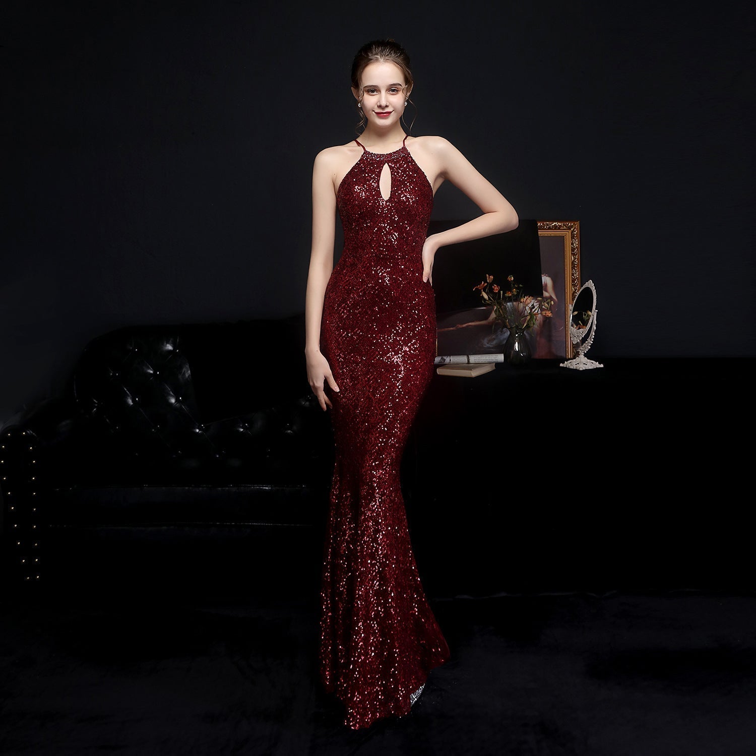Cocktail Refined Long Halter Set Diamond Sequined Aura Queen Fishtail Evening Dress