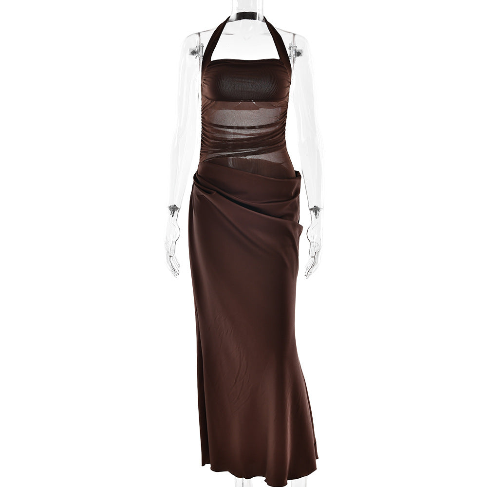 Spring Summer Attractive Backless Halter Satin Maxi Dress Sexy Hollow Out Cutout Sleeveless Dress