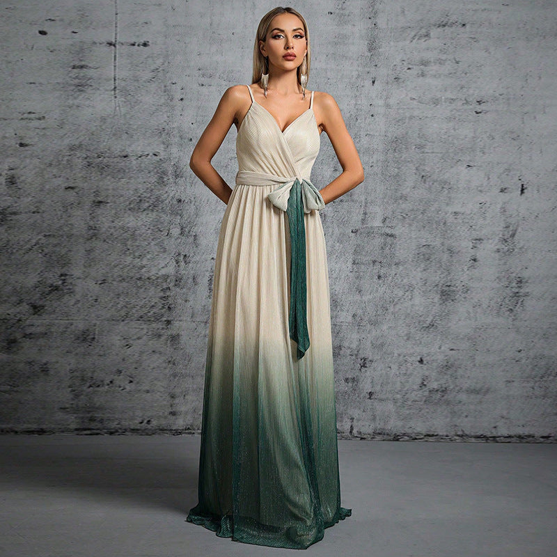 Evening Dress Strap Backless Lace up Gradient Color Maxi Refined Dress