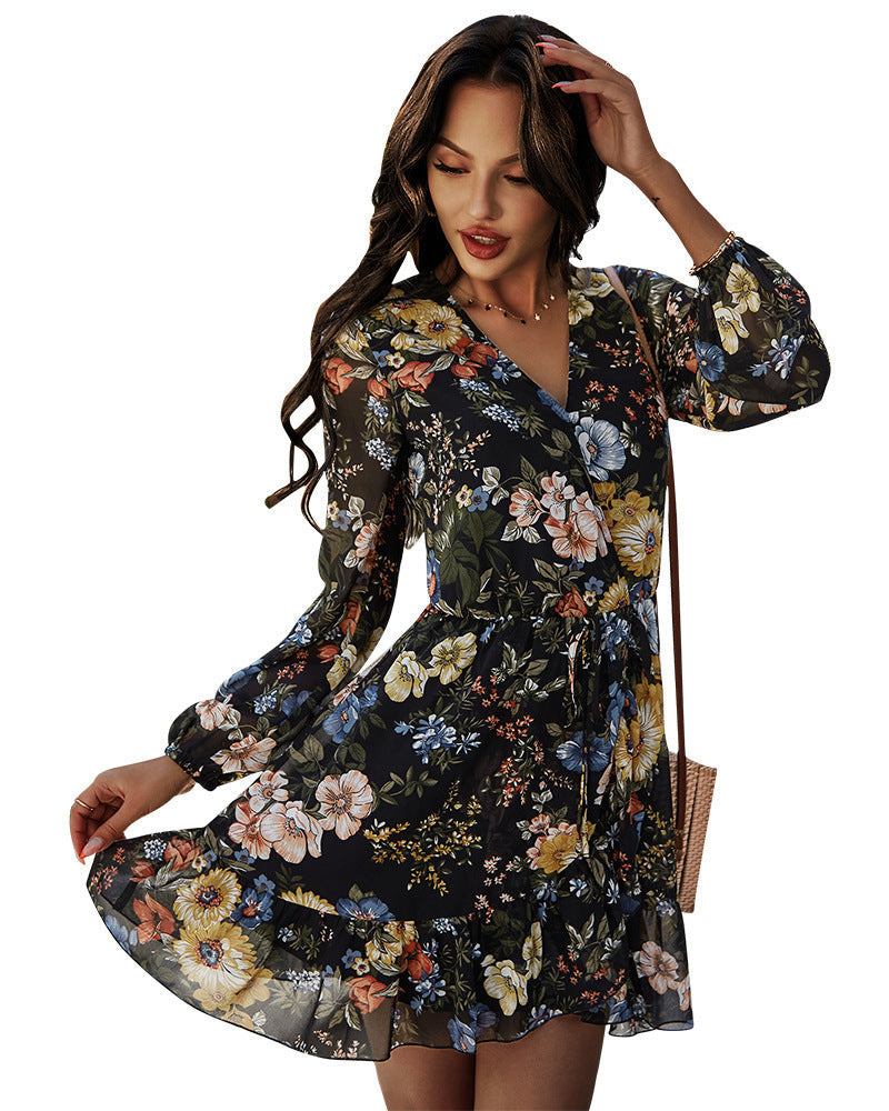 Palazzo Flower Ruffle Wrap Dress