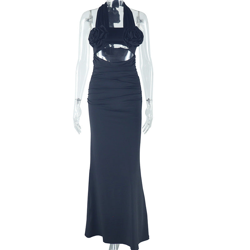 Sweet Fresh Halter Three Dimensional Flower Decoration High Waist One Step Dress Maxi Dress