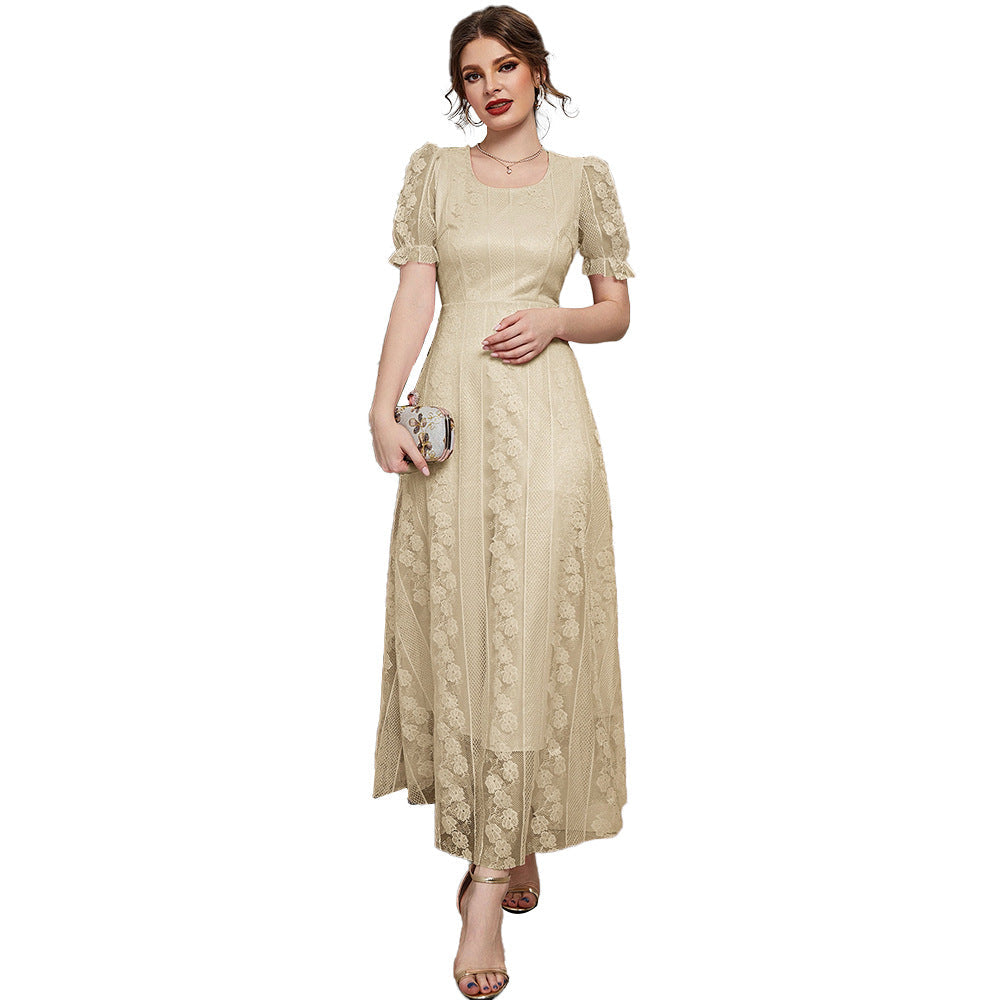 French Minority Spring Summer Slimming Mesh Stitching U Collar Solid Color Dress Maxi Dress Women Clothing
