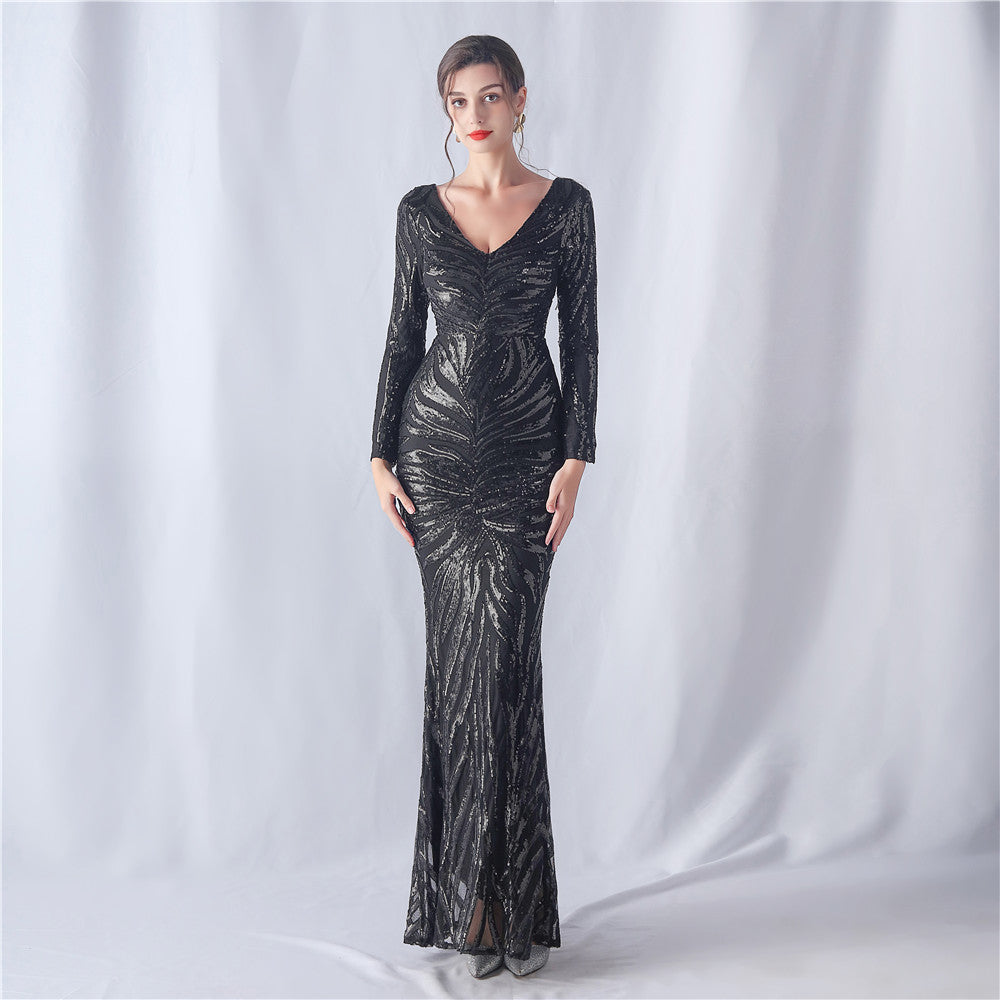 Positioning Flower Cutting Craft Magic Color Sequin Annual Meeting Wedding Long Sleeve Evening Dress
