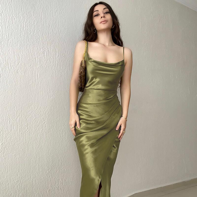 Chic Sexy Low Cut Satin Split Sling Dress Slim Backless Maxi Dress