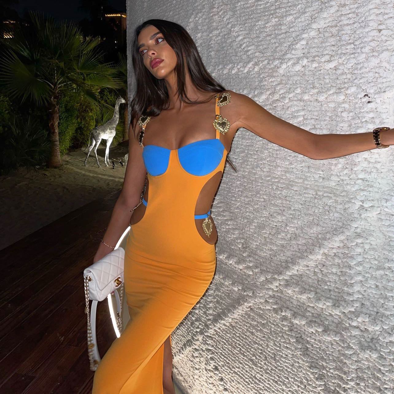 Alloy Ornament Hollow Out Cutout Backless Split Bandage Maxi Dress