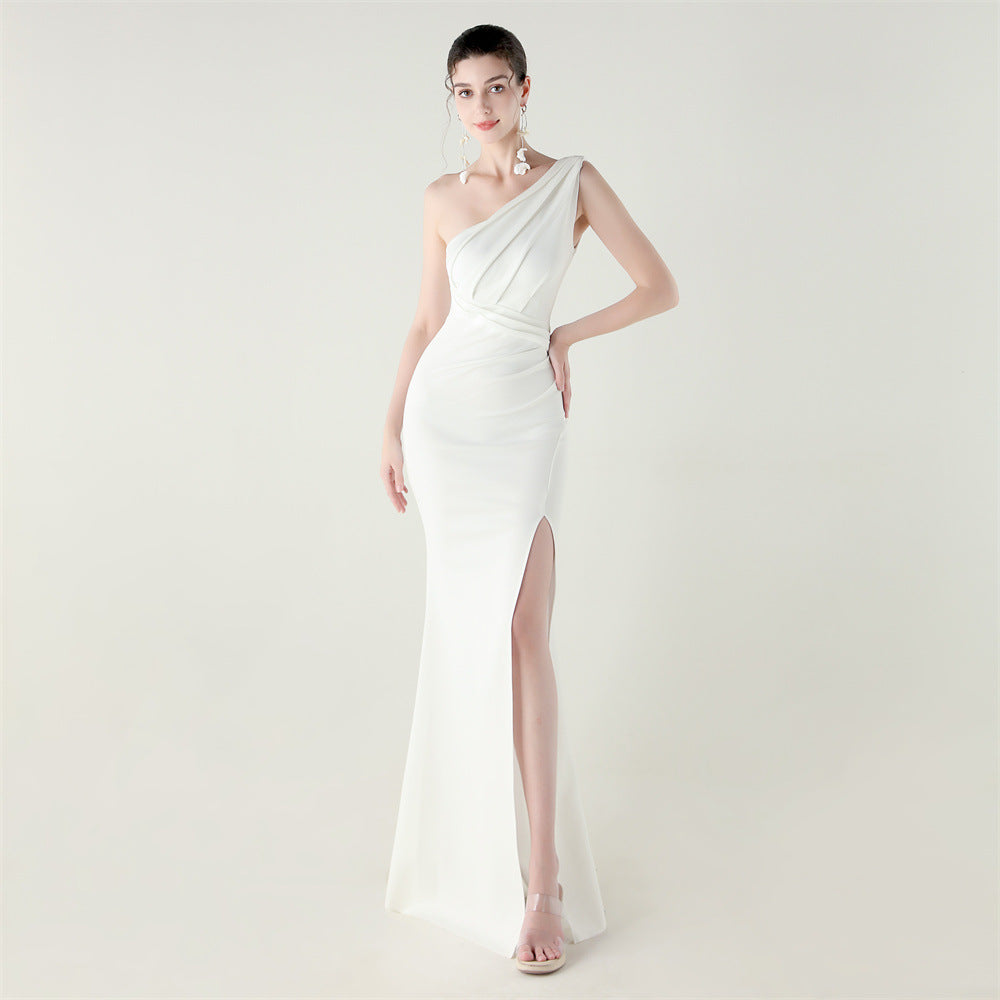 One Shoulder Slim Fit Satin Folding High Slit Chic Evening Dress Fishtail Dress Dinner Wedding Social Networking