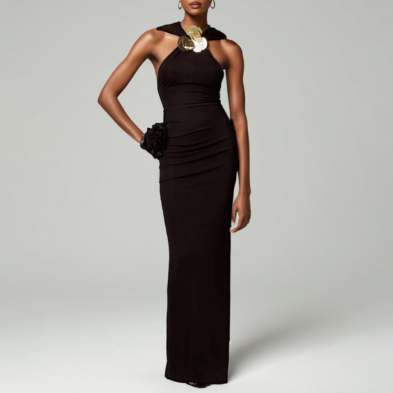Socialite Halter Sophisticated Dress Niche Metal Buckle Decoration Slim Slimming Maxi Dress Women