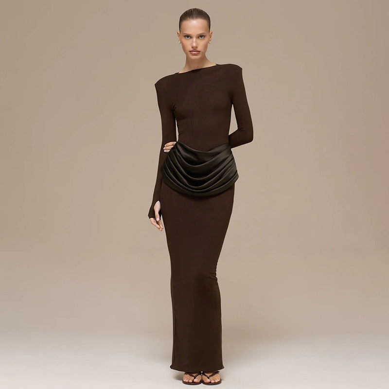 Women Clothing Autumn Winter Refined Lady Slim Fit Long Sleeve Pleated Sheath Maxi Dress