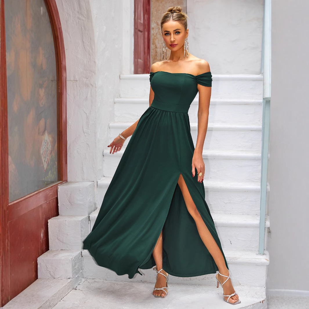 Off The Shoulder Dress Long Pleated A line Corset Stylish Prom Dress With Slit怕、