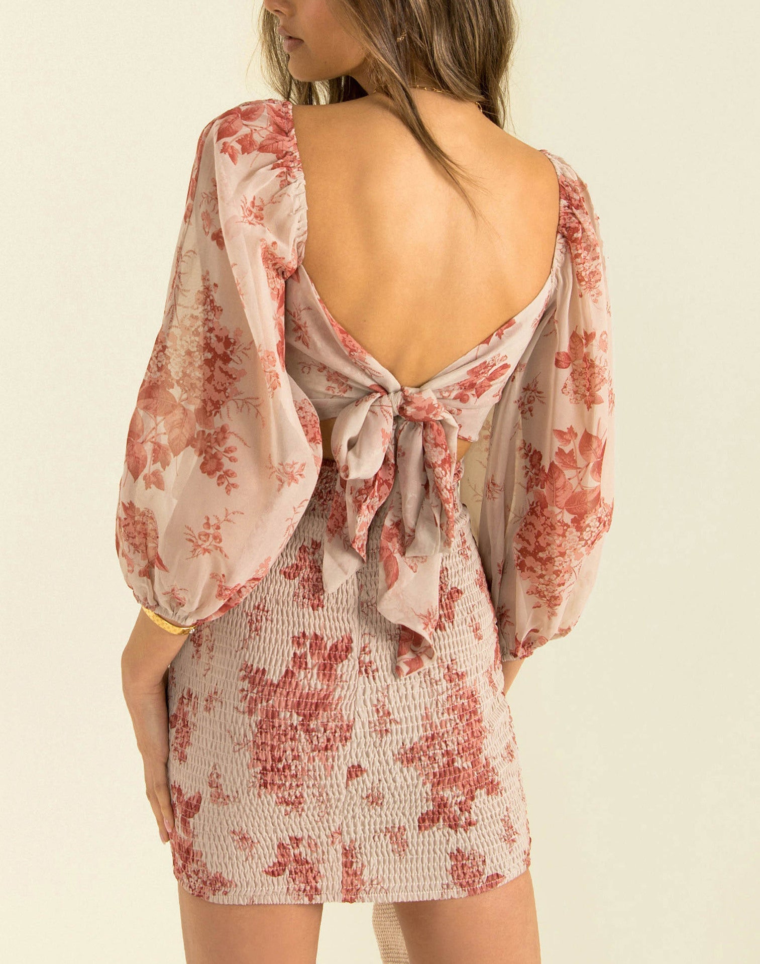 Emberly Linen Botanical Puff Sleeve Mini Dress Ivory Multi