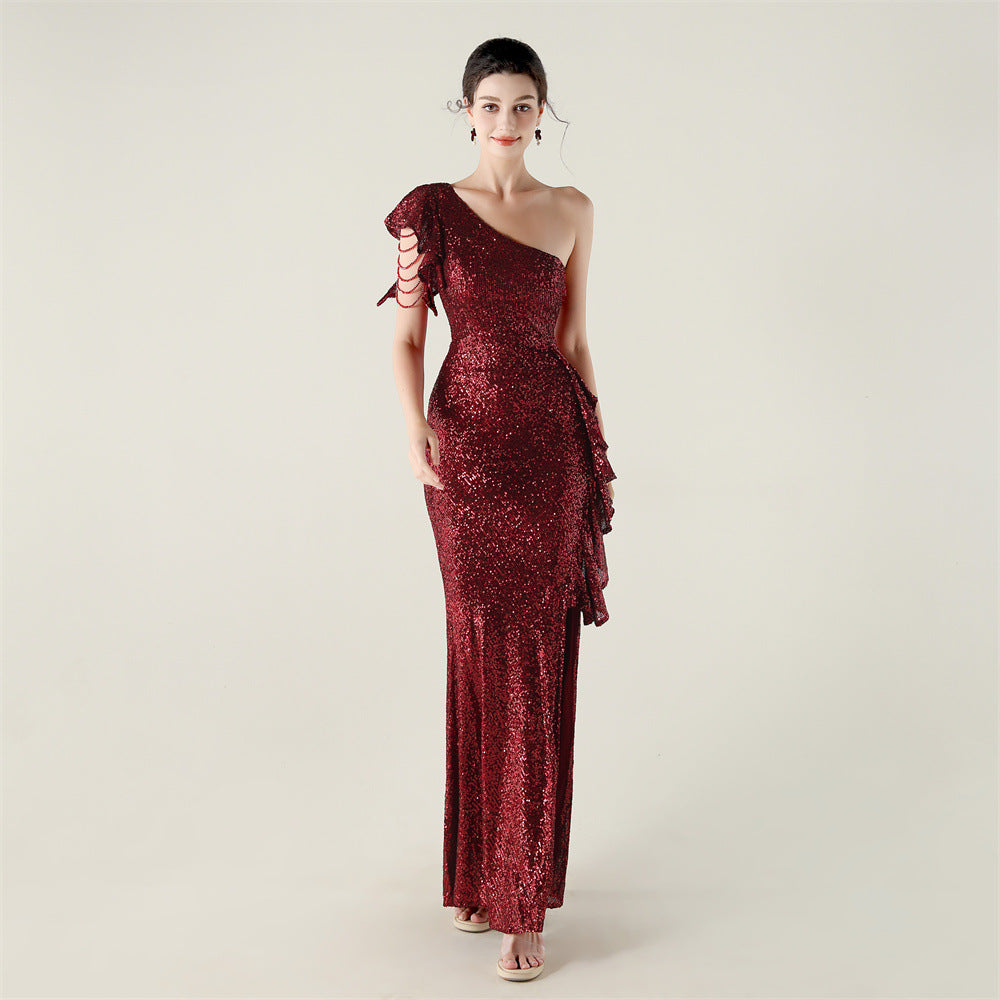 One Shouldered Ruffles Embellished Beaded Chain Handmade Sequined Evening Dress Cocktail Party Wedding