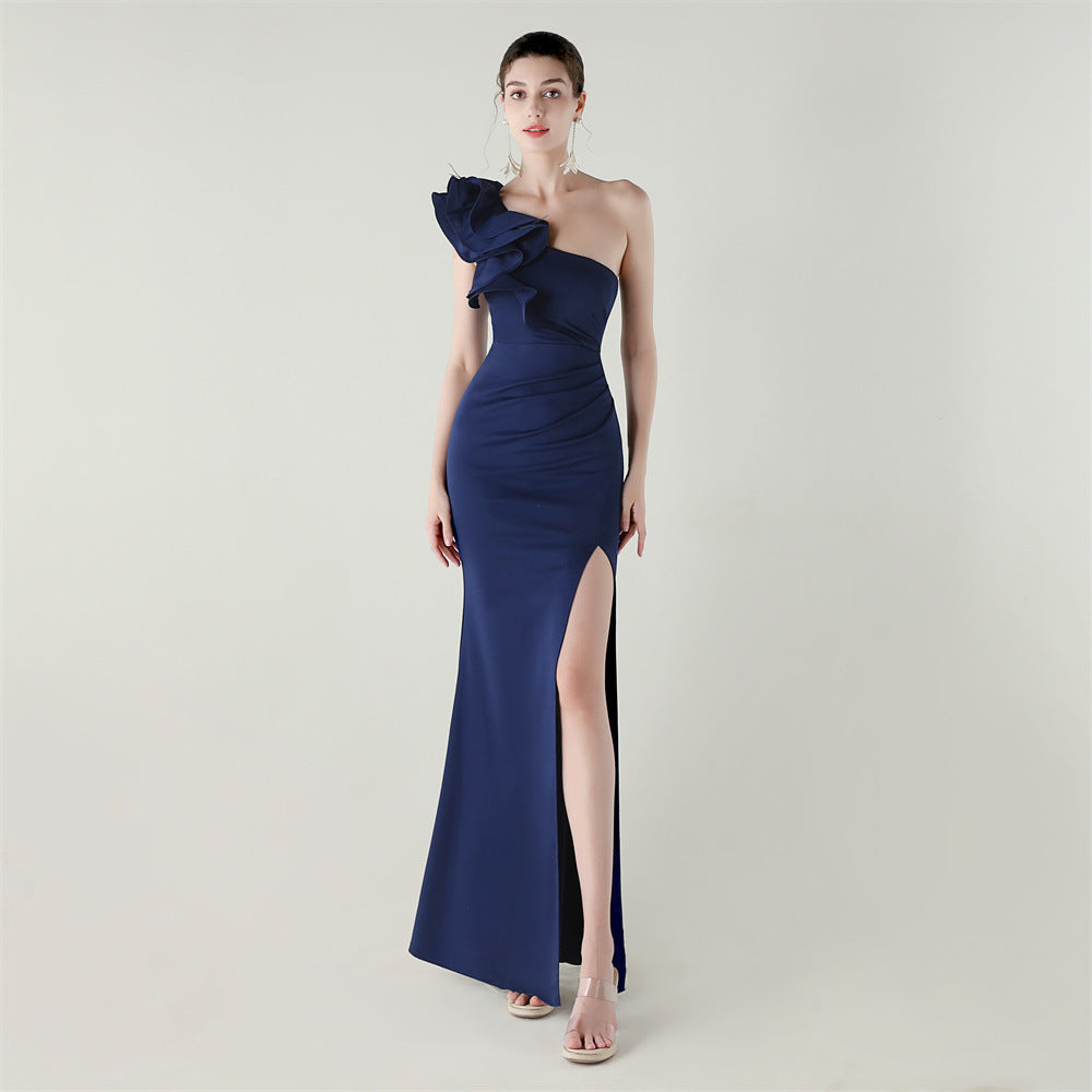One Shoulder Craft Wave the Craft of Design Gross Satin High Slit Chic Evening Dress Dinner Party Wedding Social Networking