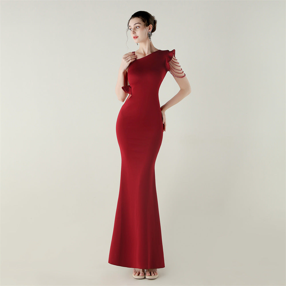 Satin Single Shouldered Beaded Fishtail Slim Fit Evening Dress Cocktail Wedding Cut out Ruffled Bottoming Dress