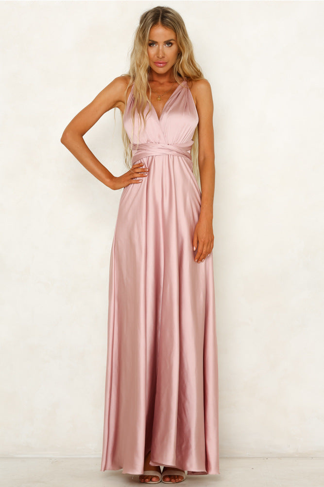 Spring Summer Solid Color Lace-up V-neck Chic Women Clothing Backless High Waist Dress Maxi Dress Maxi