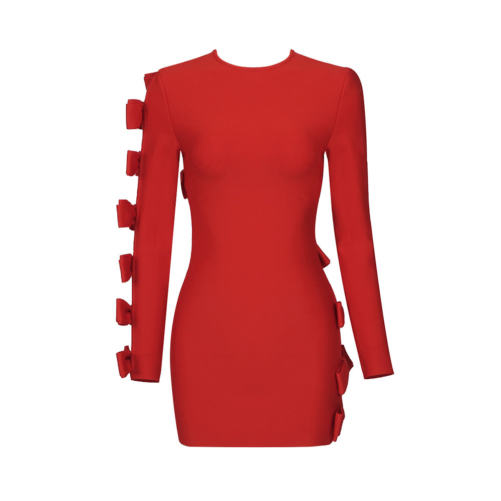 Hollow Red Out Cutout Bow Long Sleeve Bandage One Piece Dress Christmas