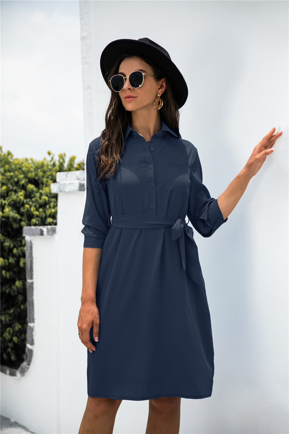 Chic Office Button Down Shirt Dress Navy