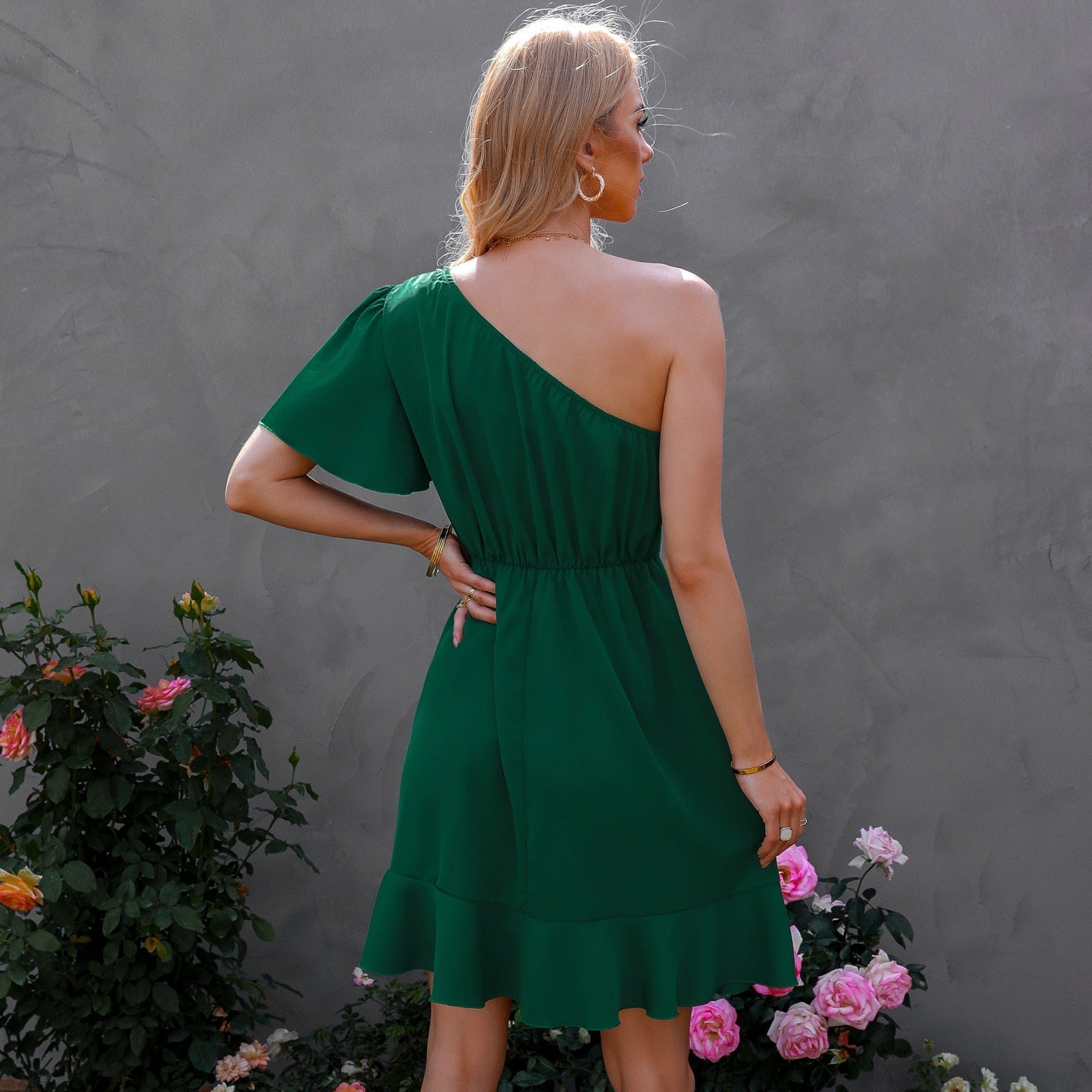 Satin Kaine One Shoulder Ruffle Dress Hunter Green FINAL