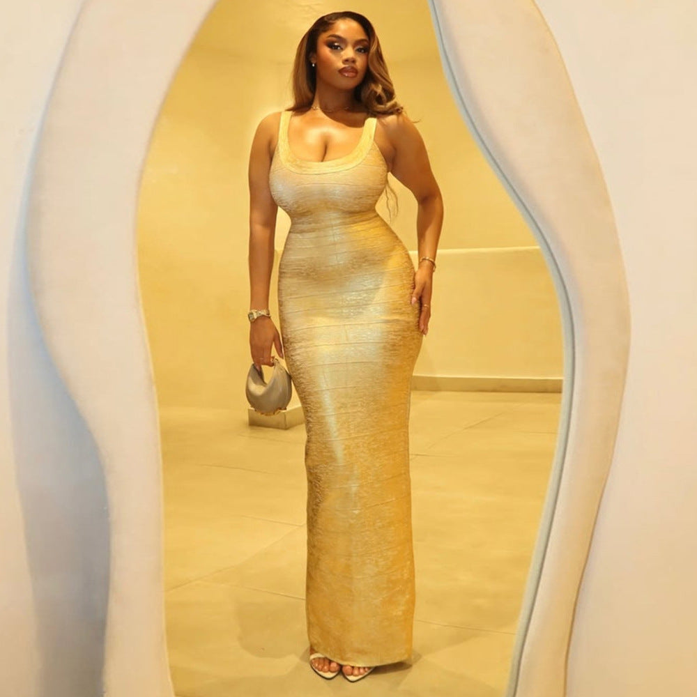 U Neck Sleeveless Bronzing Bandage One Piece Dress Party Dinner Dress Slim Fit Maxi Dress