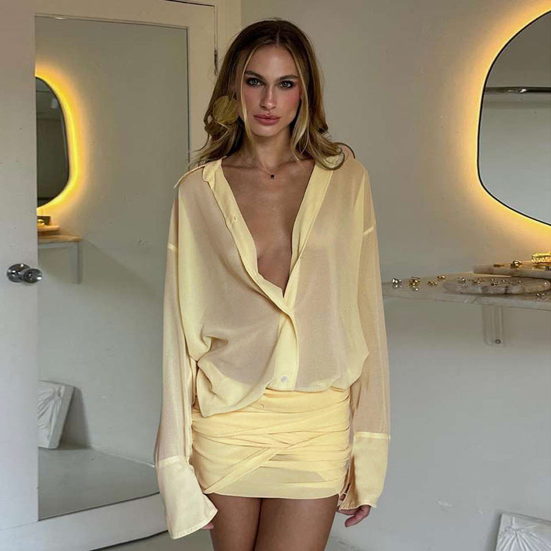 Refined Collared Slim Fit Sheath Lace up Shirt Dress Short