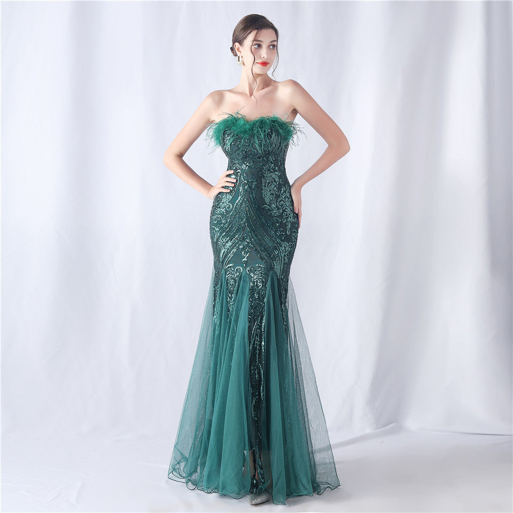Ostrich Feather Positioning Flower Cutting Wedding Annual Meeting Tube Top Sequin Gauze Evening Dress