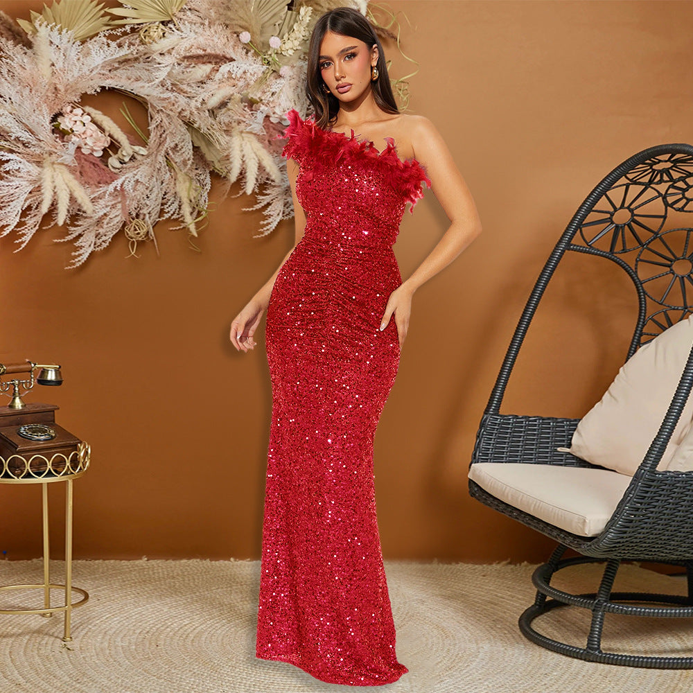Paillette Black Feather Stitching Sequin Evening Dress Maxi Dress for