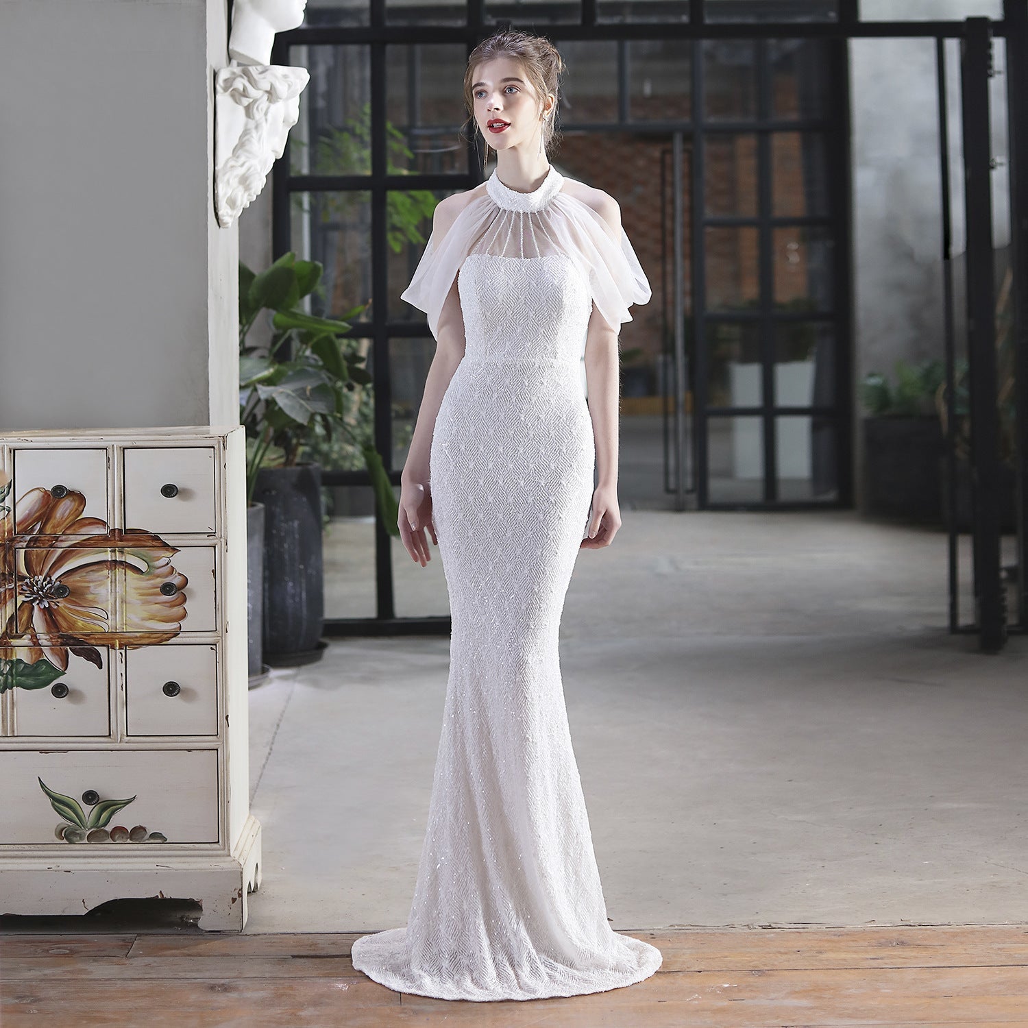 Sequin Mesh Toast Dress Bride Extended Appreciation Dinner Halter Fishtail Wedding Car Model Exhibition Dress