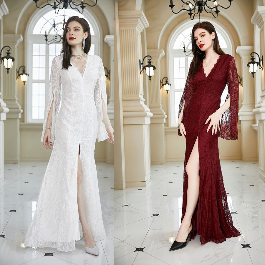 Women Clothing Lace Dress Wedding Bridesmaid Extended Sleeve V neck Slim Hip Wine Red Dress