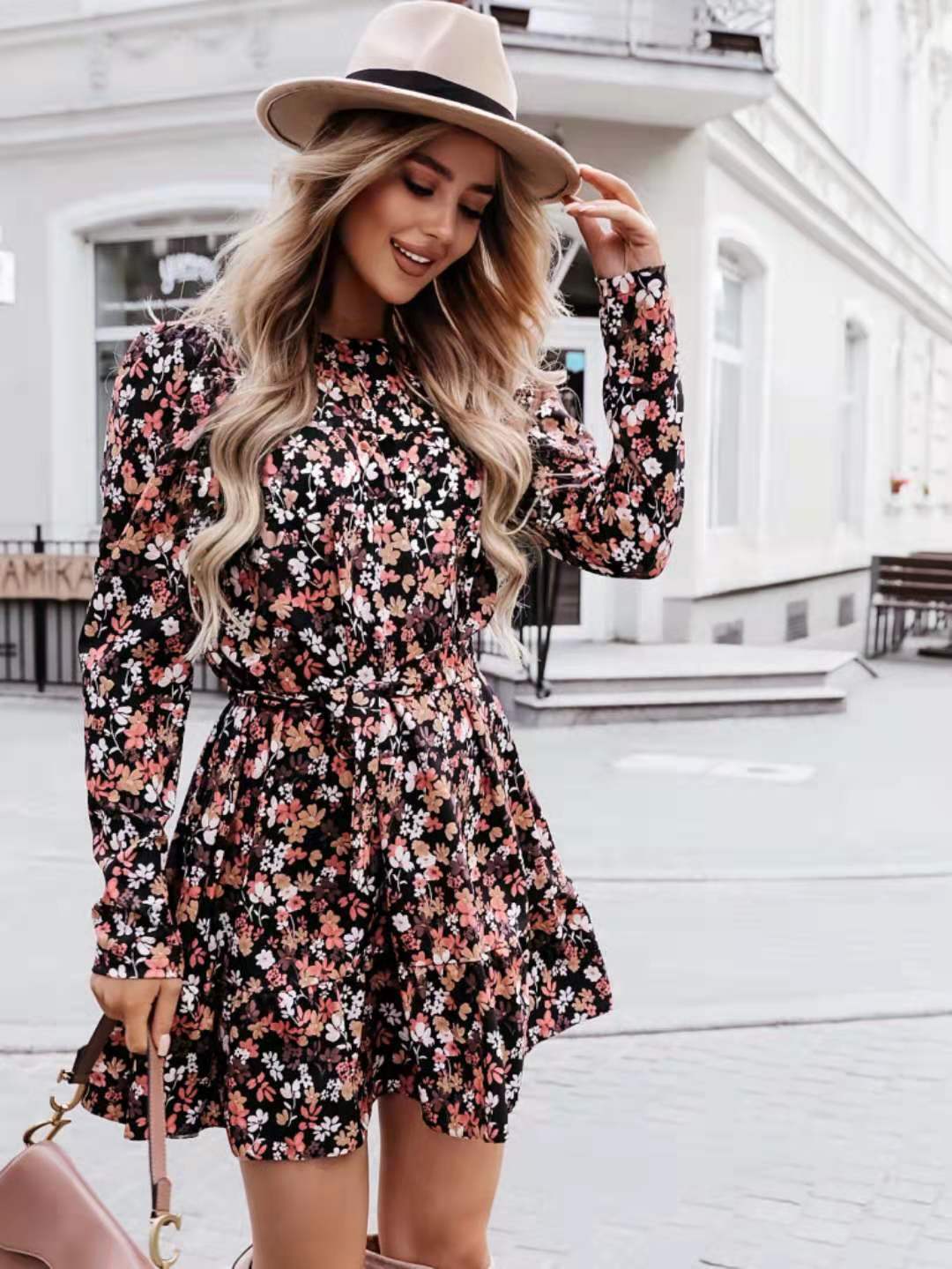 Foster Satin Botanical Keyhole Dress
