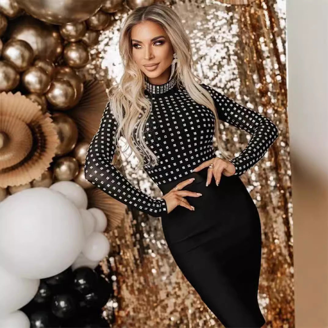 Stitching Mesh Bandage One Piece Turtleneck Diamond Nightclub Party Dress