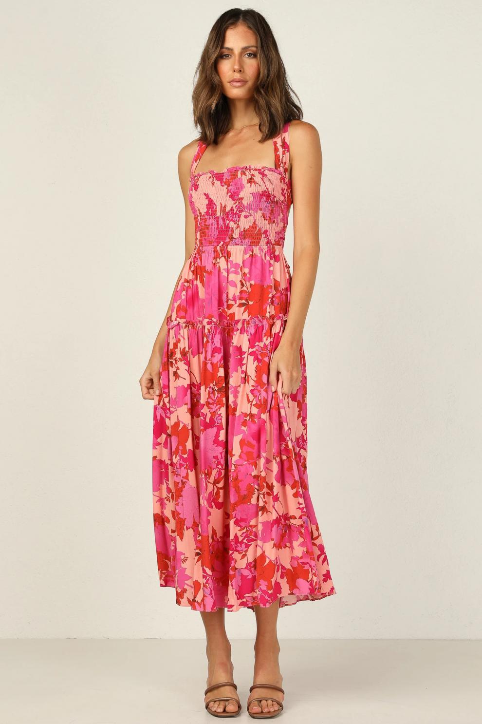 Edris Cotton Botanical Tiered Midi Dress Coral Pink