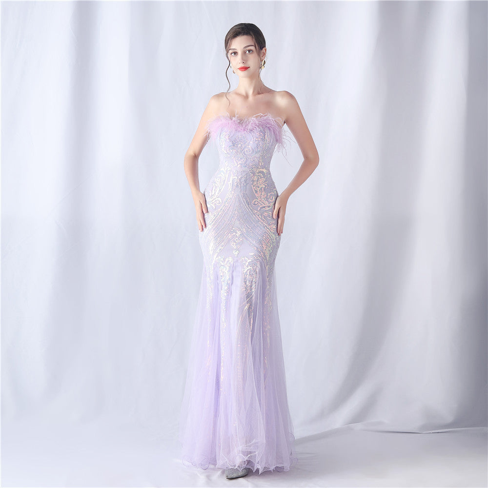 Ostrich Feather Positioning Flower Cutting Wedding Annual Meeting Tube Top Sequin Gauze Evening Dress