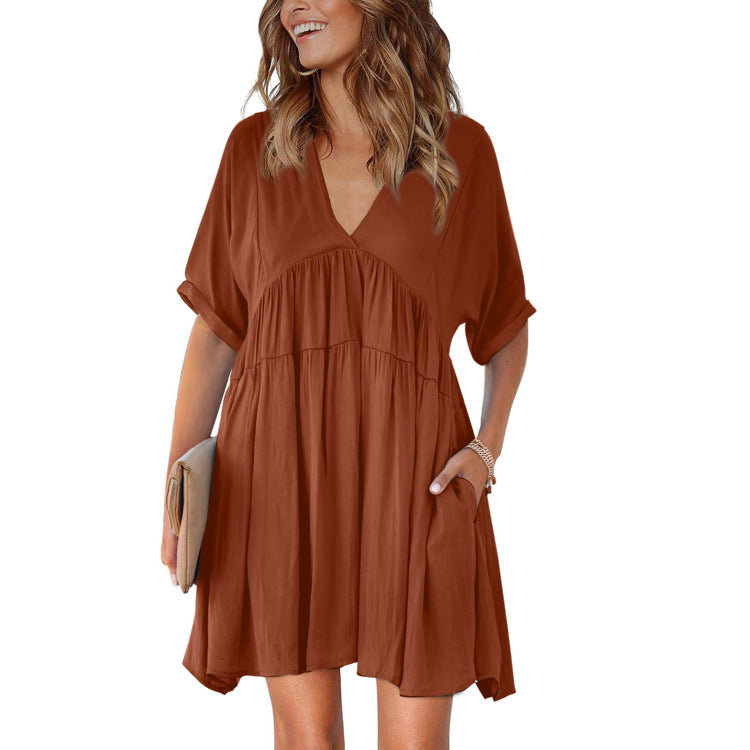 Pocketed Karsan Plunge Mini Dress Dusty Peach