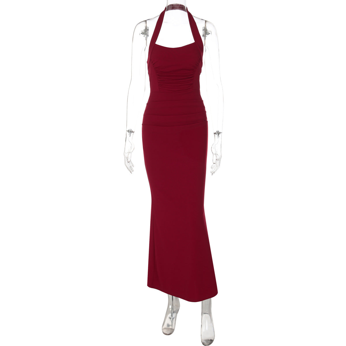 Women Clothing Winter off Neck Solid Color Halter Maxi Dress Pleated Graceful Slim Dress